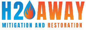 H2O Away Mitigation and Restoration logo featuring a blue water drop with a flame inside it, followed by the text "H2O Away." The tagline reads "An American Restoration Company.