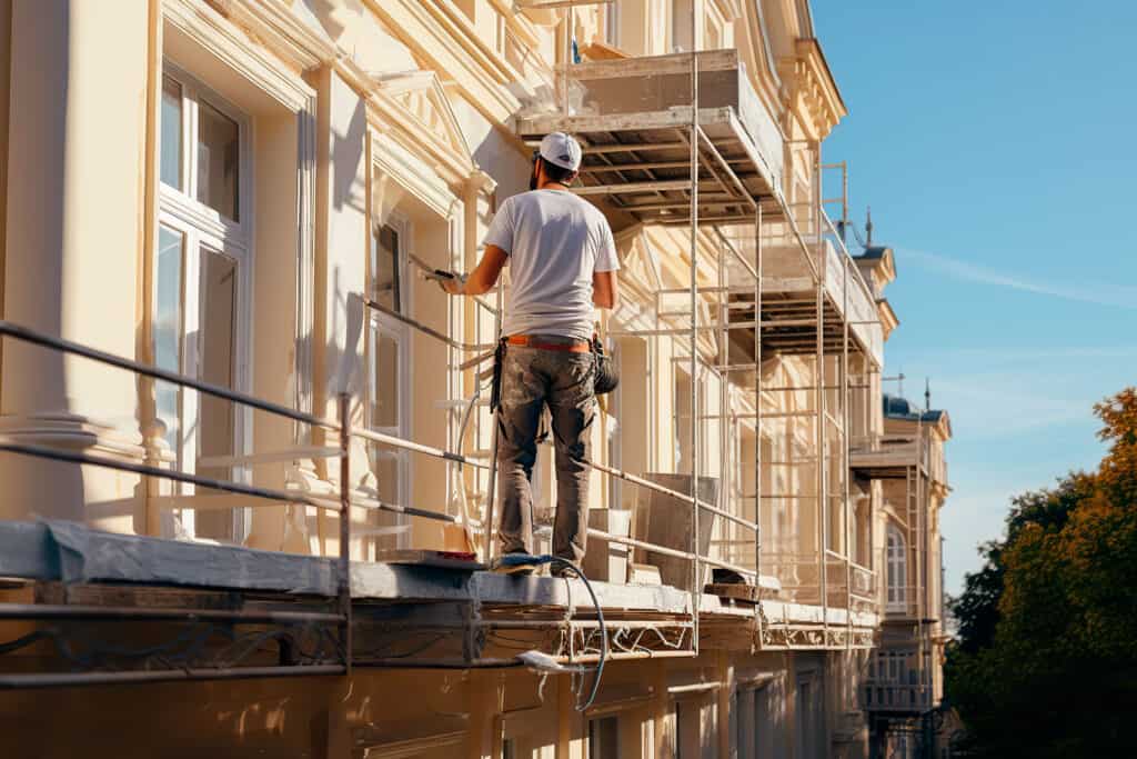 A painter on scaffolding adds final touches to a building restoration project