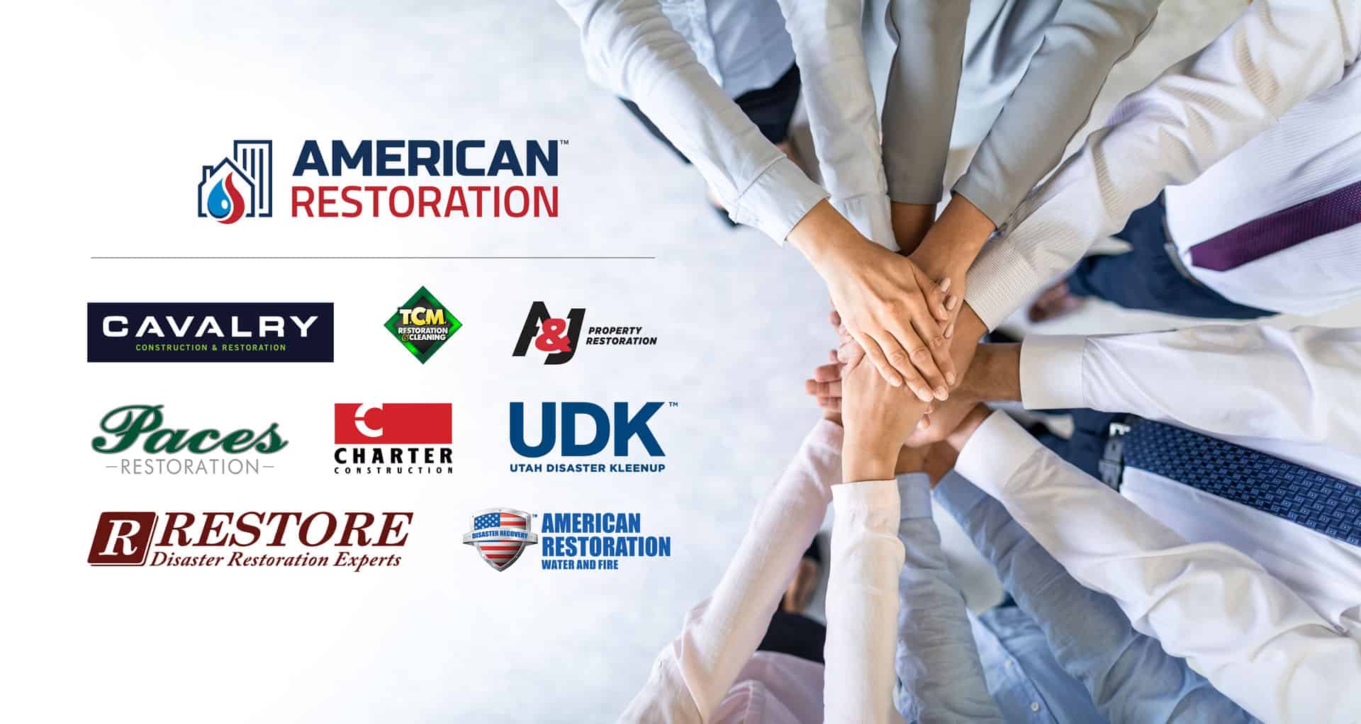American Restoration's family of brands as represented by all of the brand logos on the left and hands being shaken on the right