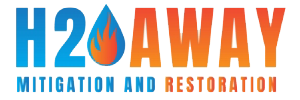 Logo of H2O Away, a company specializing in mitigation and restoration services, featuring the text "H2O AWAY" with a drop of water containing a flame icon between "H2O" and "AWAY", and the tagline "MITIGATION AND RESTORATION".