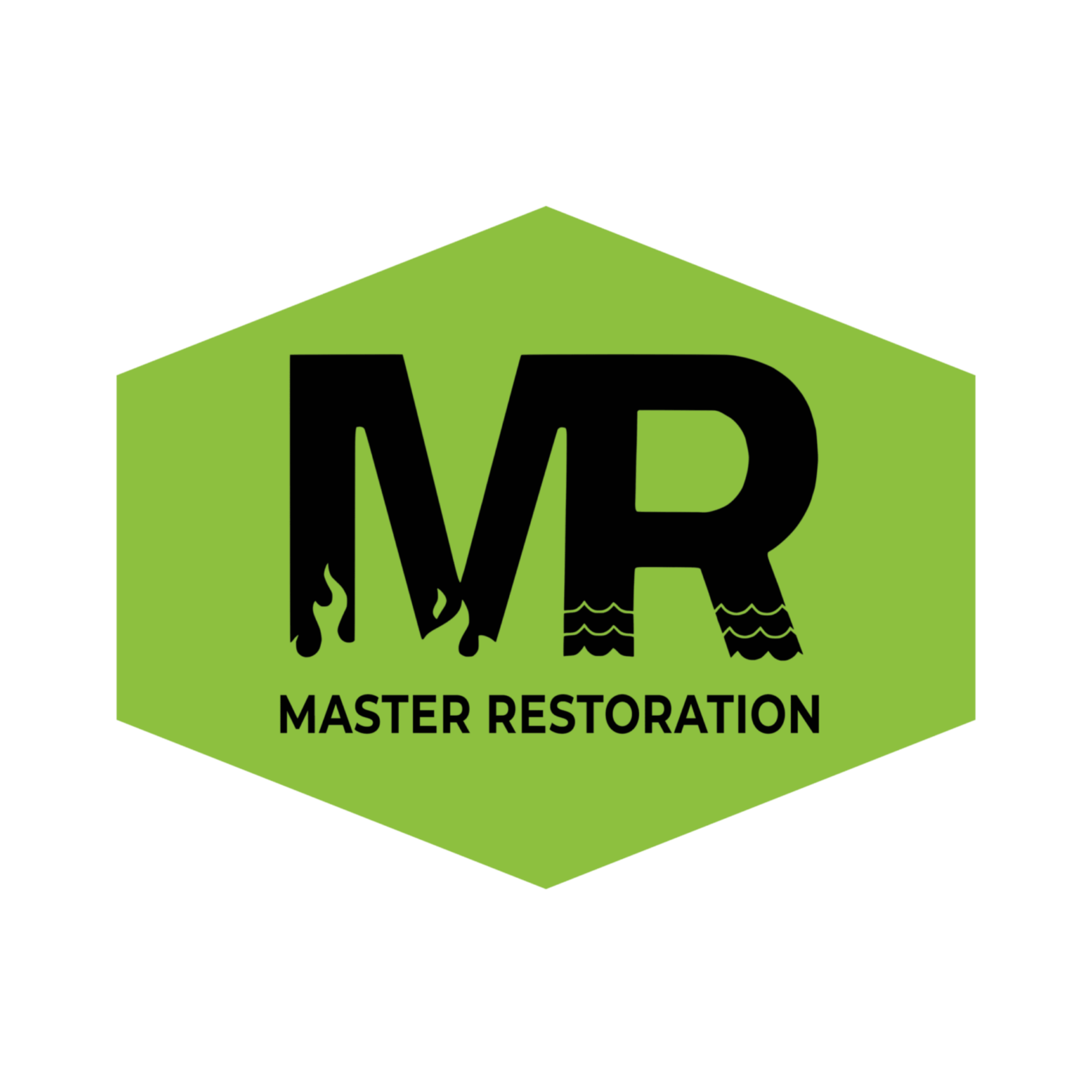 Green hexagonal logo with "MR" featuring flame and wave motifs, above the text "Master Restoration.
