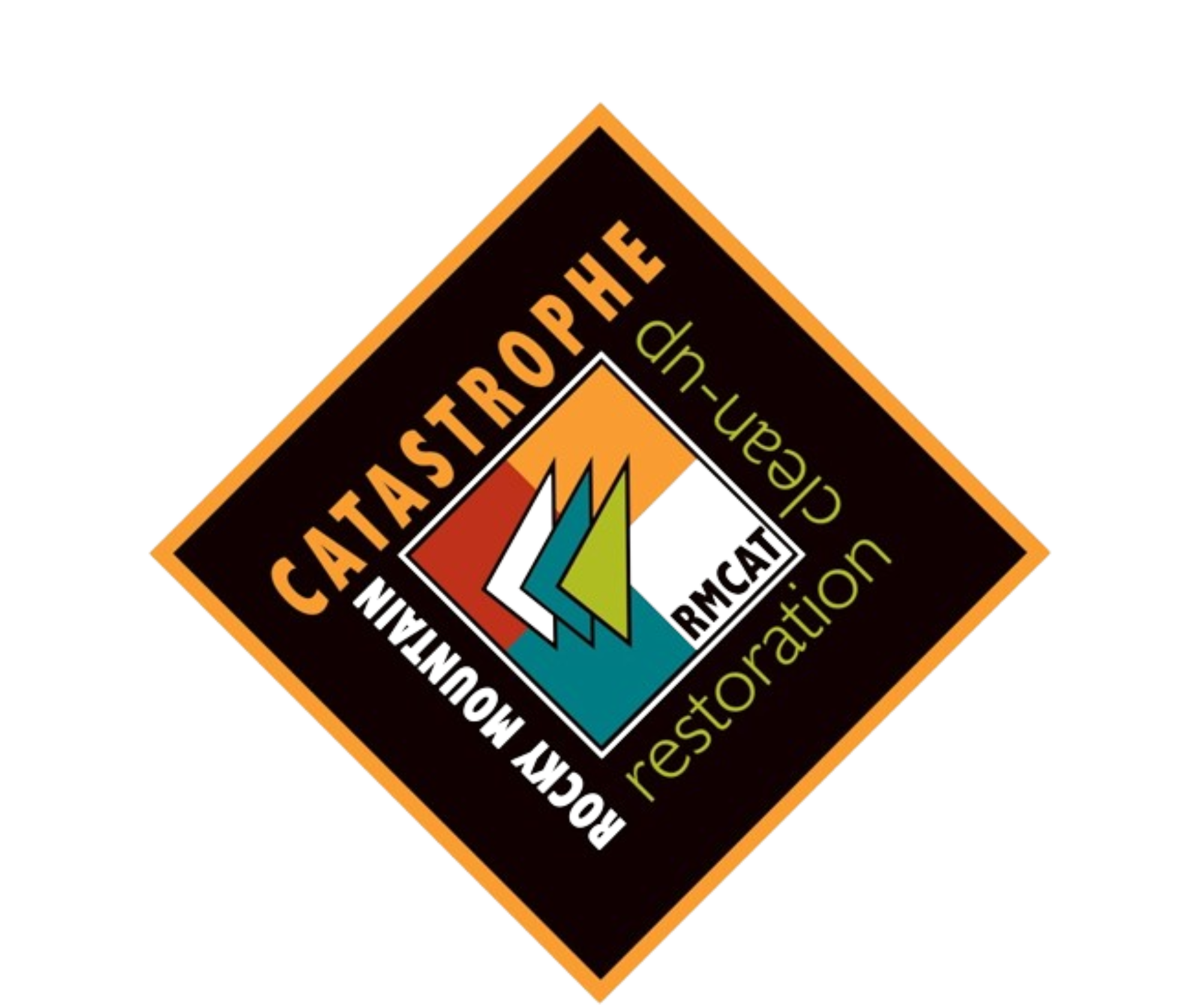 Logo for Rocky Mountain Catastrophe Restoration Clean-Up featuring geometric shapes in orange, white, green, and red on a diamond-shaped black background with an orange border.